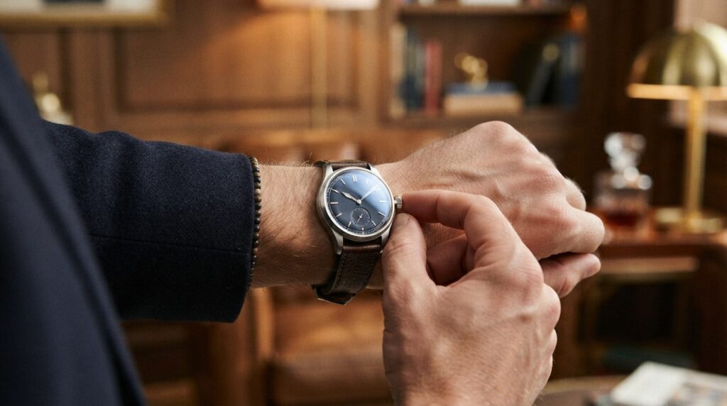Close-up of a mans wrist wearing a sophisticated stainless 