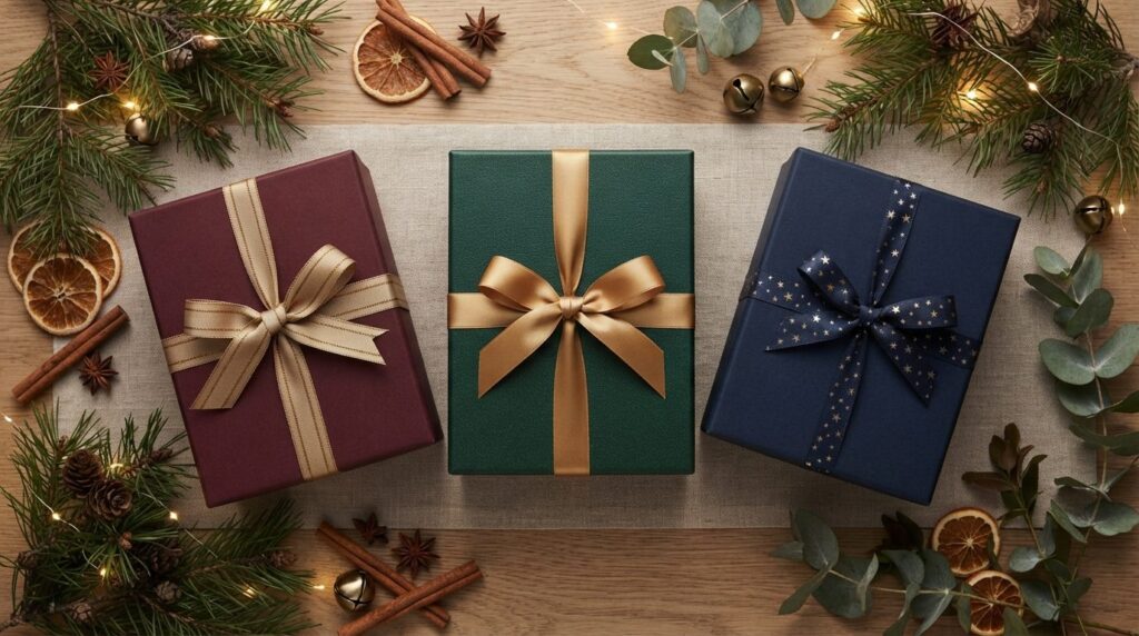Flat lay composition of three gift-wrapped watch boxes with 