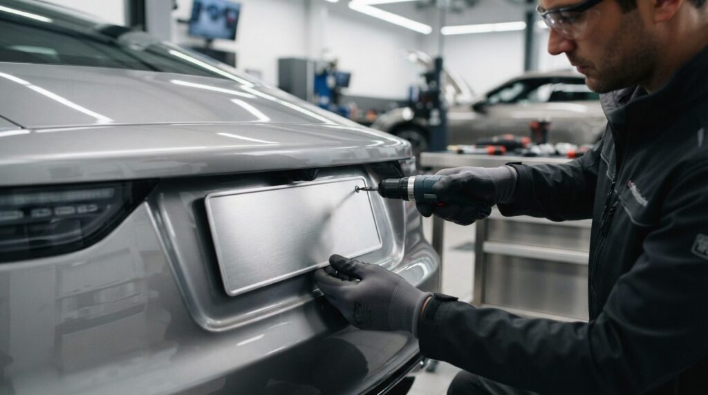 Close-up shot of a custom license plate being professionally
