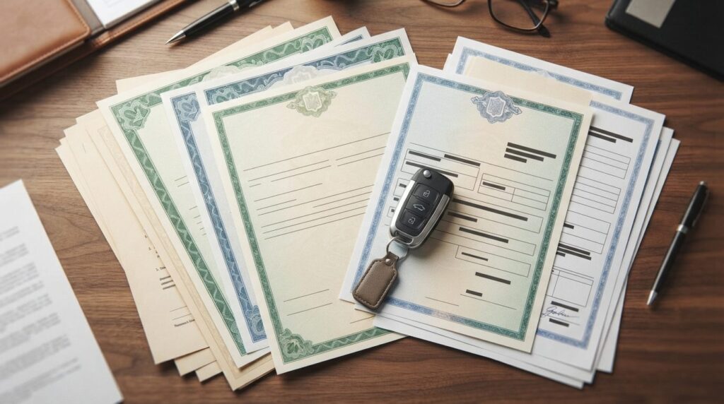 Overhead view of official customs paperwork and registration