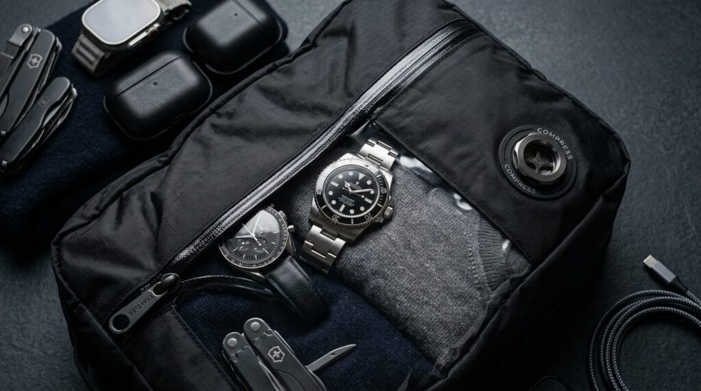 Close-up detail shot of premium travel compression bags with