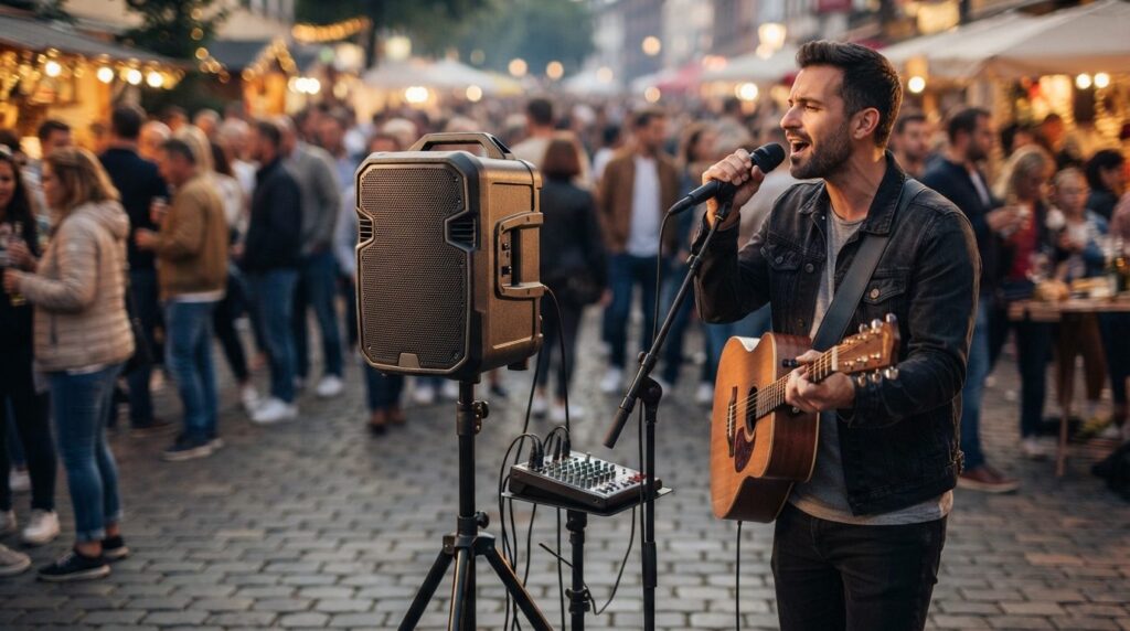 Close-up of professional outdoor entertainment setup featuri