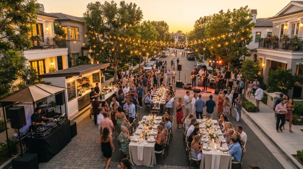 Elevated view of perfectly organized street party with premi
