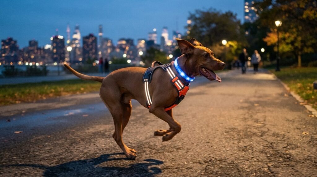Active dog wearing premium reflective running harness and gl