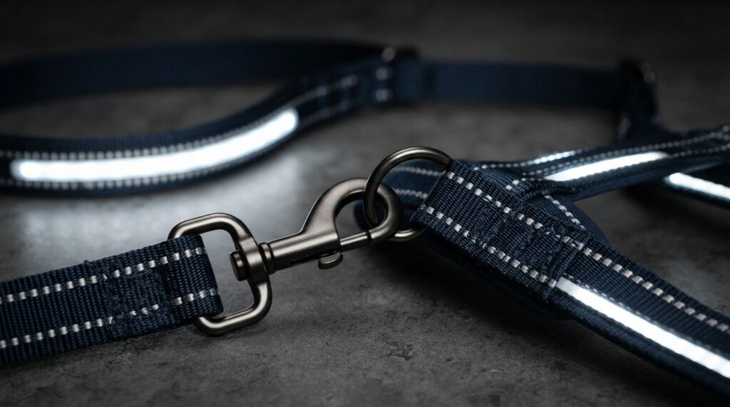 Close-up detail shot of reflective dog leash and harness cli