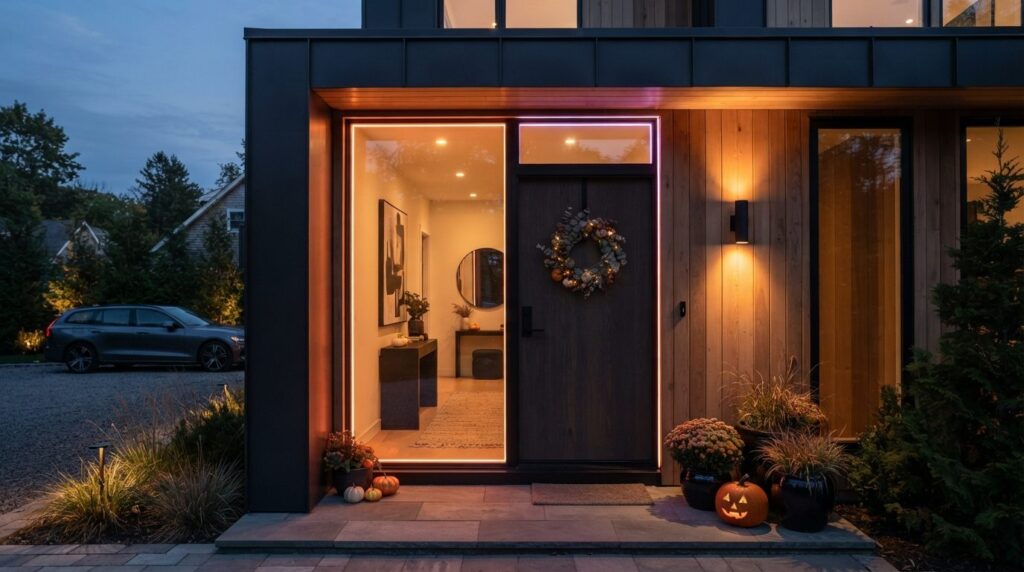 Luxury modern entryway at dusk with curated Halloween lighti