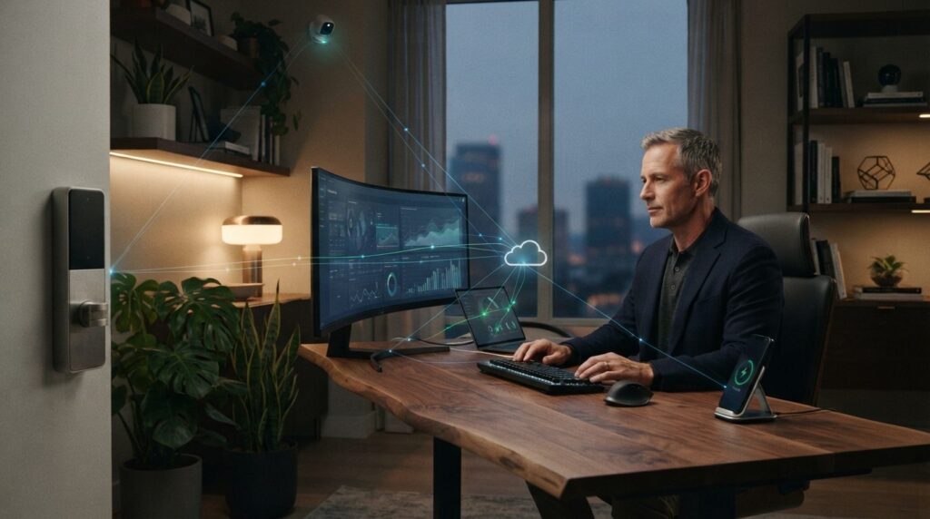 Luxury smart office setup showing secure cloud network conne