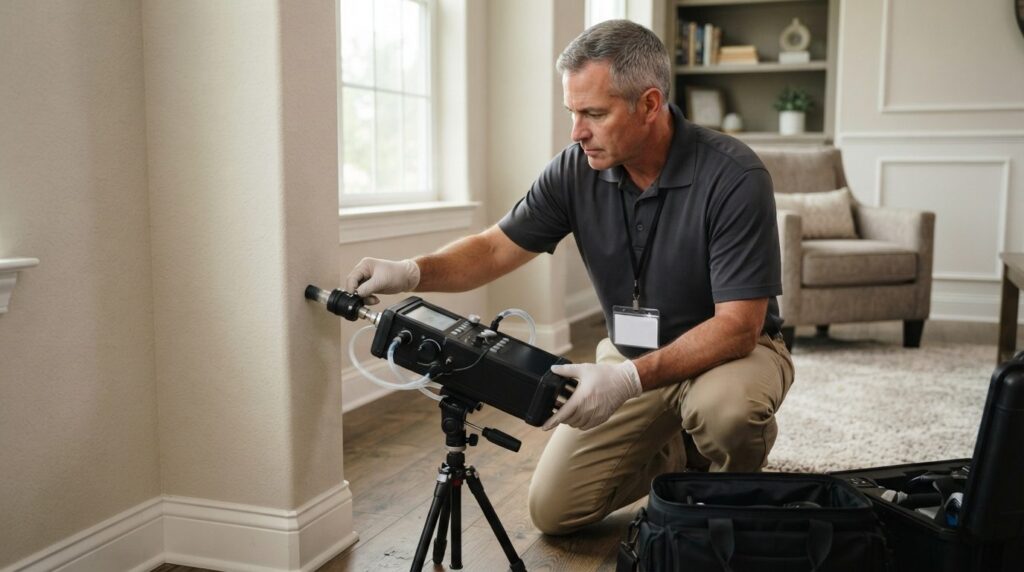 Certified mold inspector professional using advanced air qua